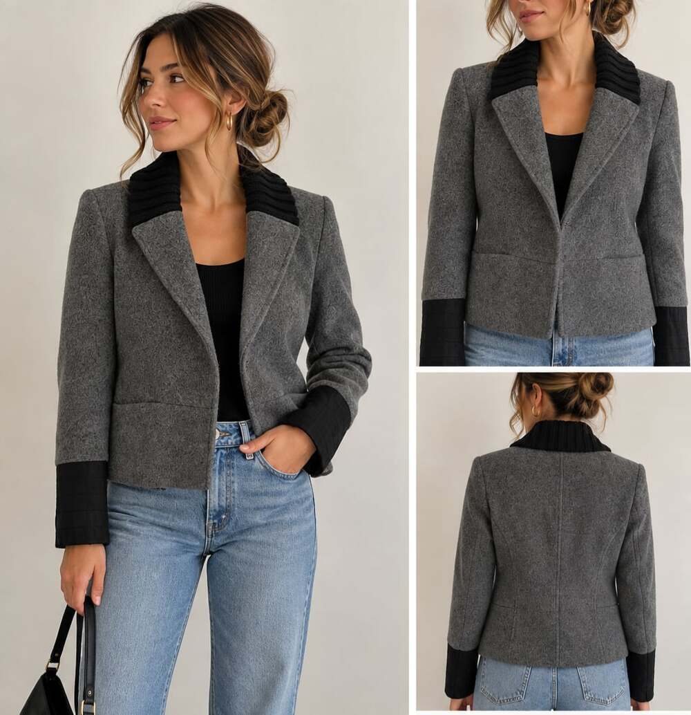 Theory Ponette Amazing Wool Cashmere Gray Black Knit Collar Blazer P/TP